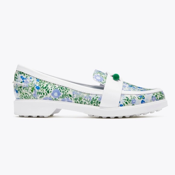 Tory Burch Sport Pocket Tee Golf Loafers Ace Blue Garden Floral Leather Size 7 - Picture 2 of 12